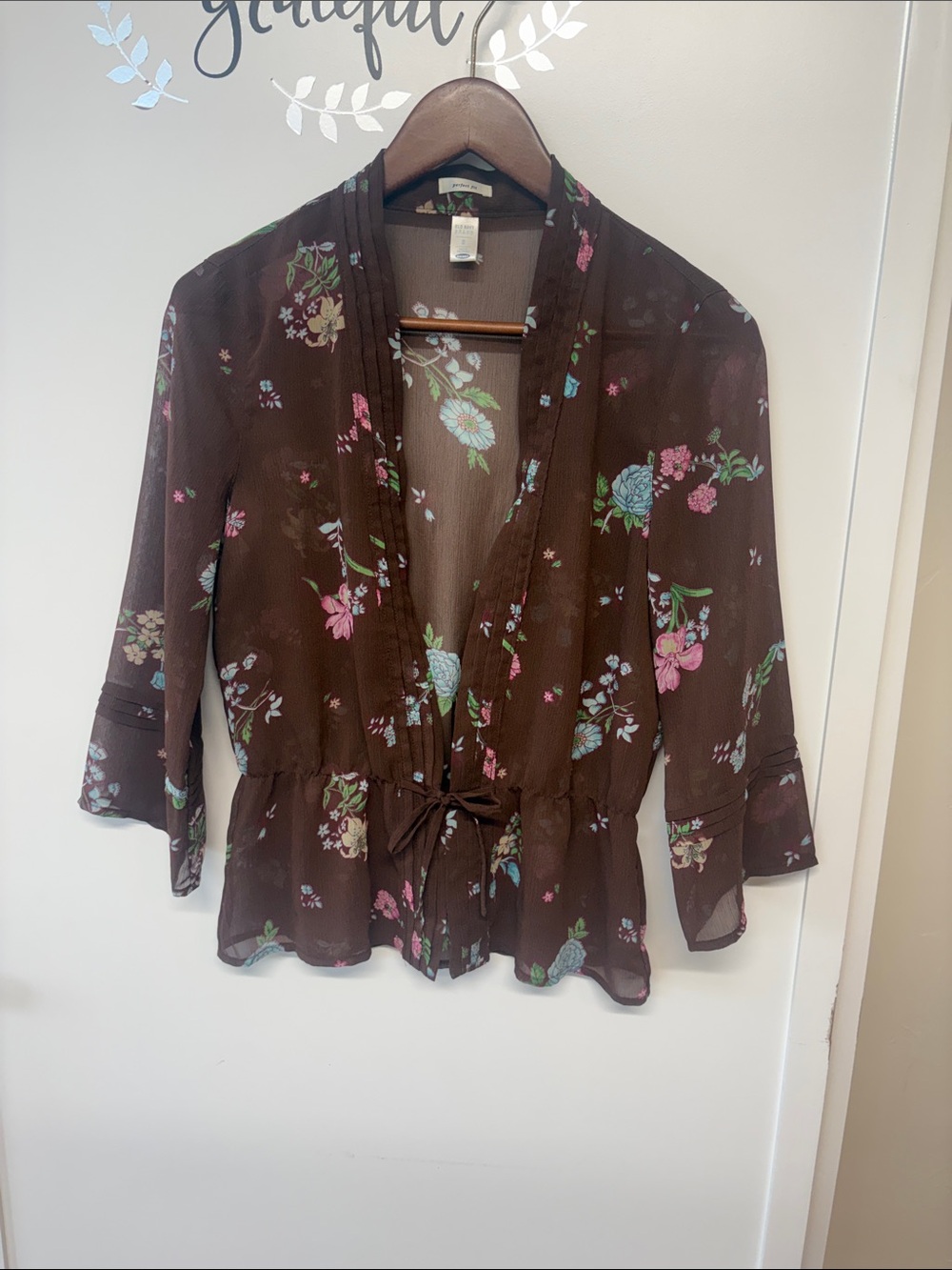 Floral Tie-Waist Sheer Blouse - Brown